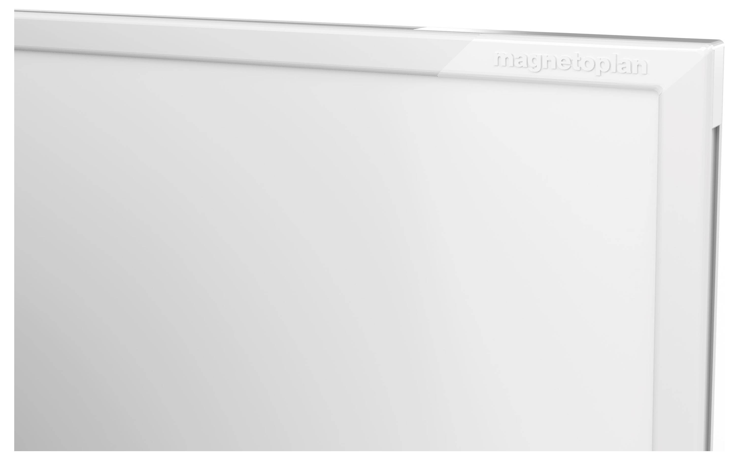 Das Bild zeigt die Ecke eines weißen magnetischen Whiteboards mit einem einfachen Metallrahmen, mit der Prägung "magnetoplan" in der Ecke.