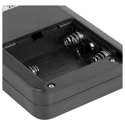 Offener schwarzer Kunststoff-Batterieholder mit Federkontakten für zwei Batterien, leer abgebildet auf weißem Hintergrund.