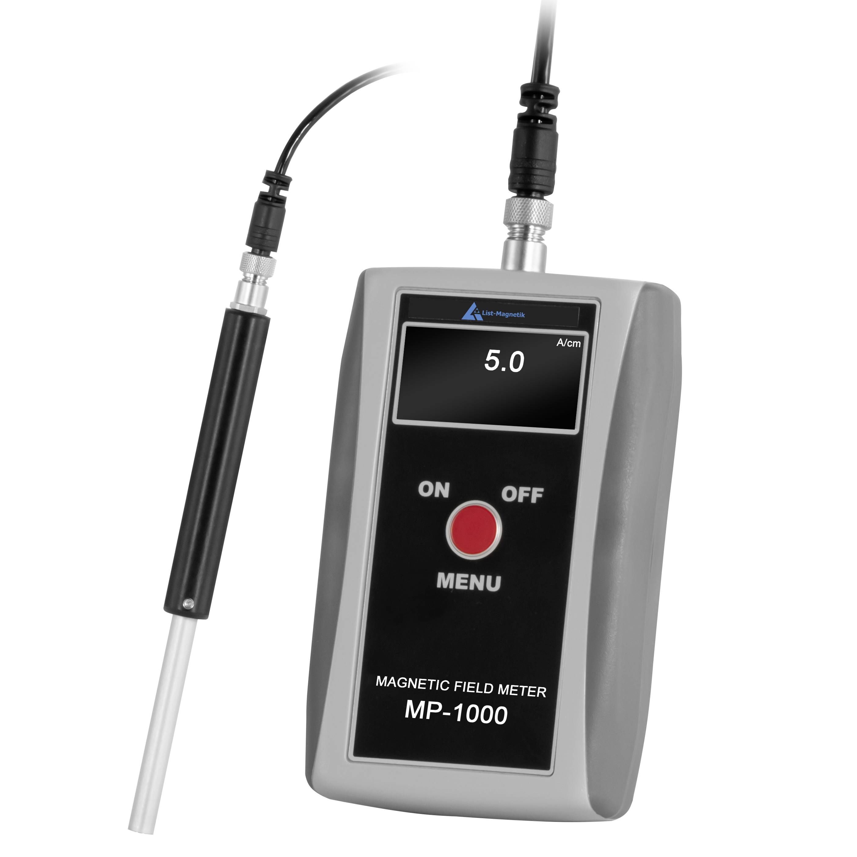 Tragbares Magnetfeldmessgerät mit der Bezeichnung MP-1000 mit angebrachter Sonde, das eine Anzeige von 5,0 A/cm auf dem Display zeigt.