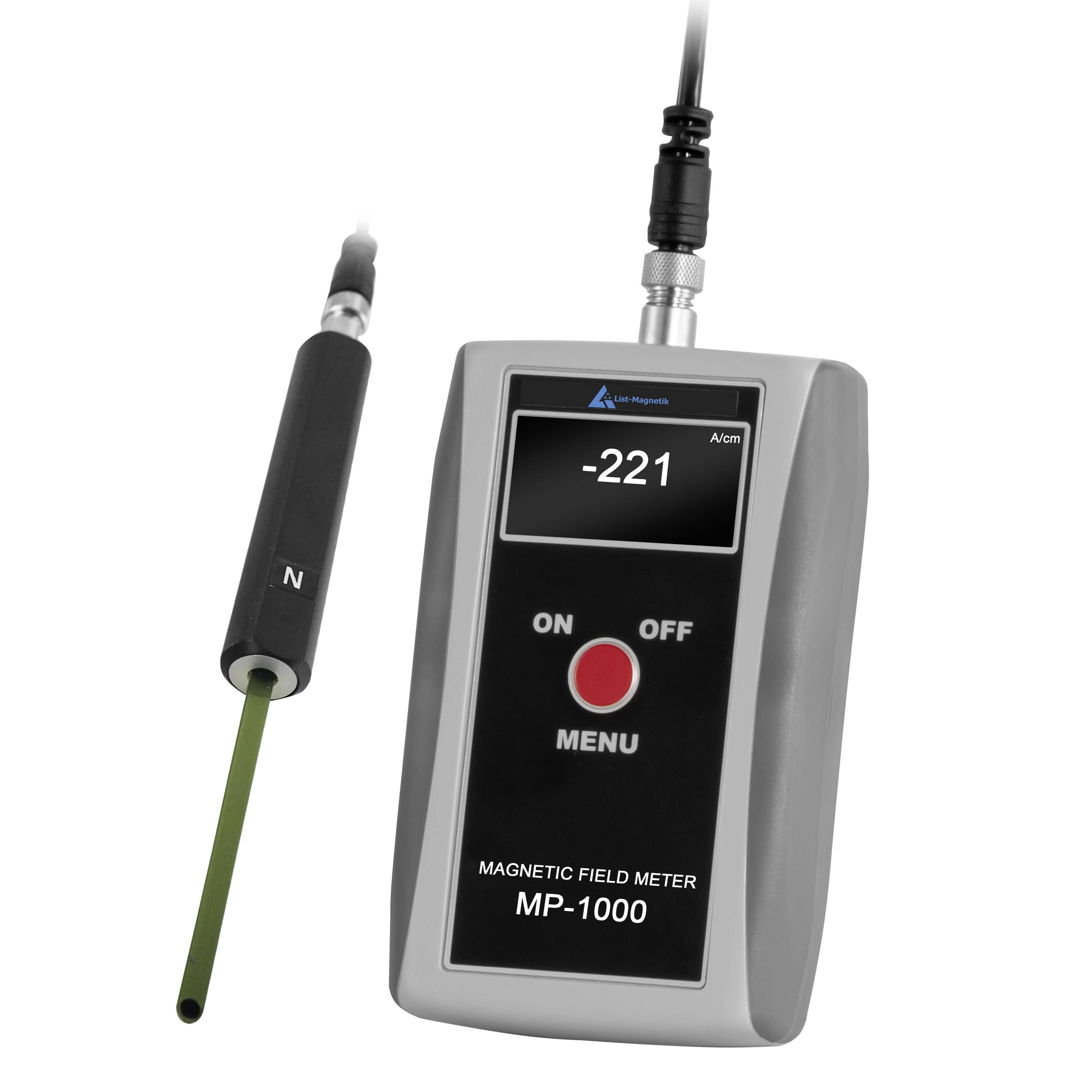 Tragbares Magnetfeldmessgerät mit einer Anzeige von -221 A/cm, mit einer über ein Kabel verbundenen Sonde.