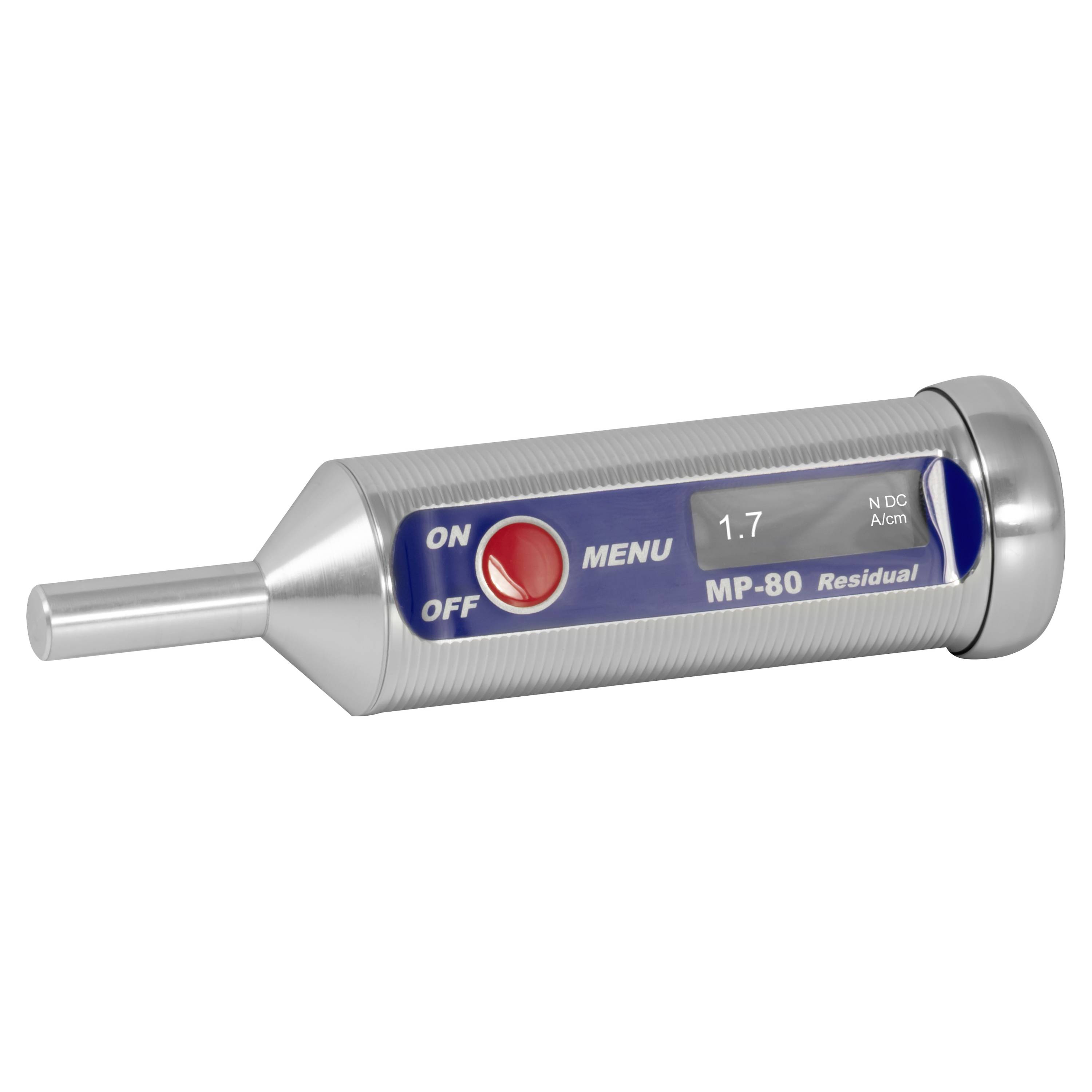 Tragbares Metallgerät mit der Bezeichnung „MP-80 Residual" mit AN/AUS- und MENÜ-Taste, auf dessen Display „1,7" angezeigt wird.