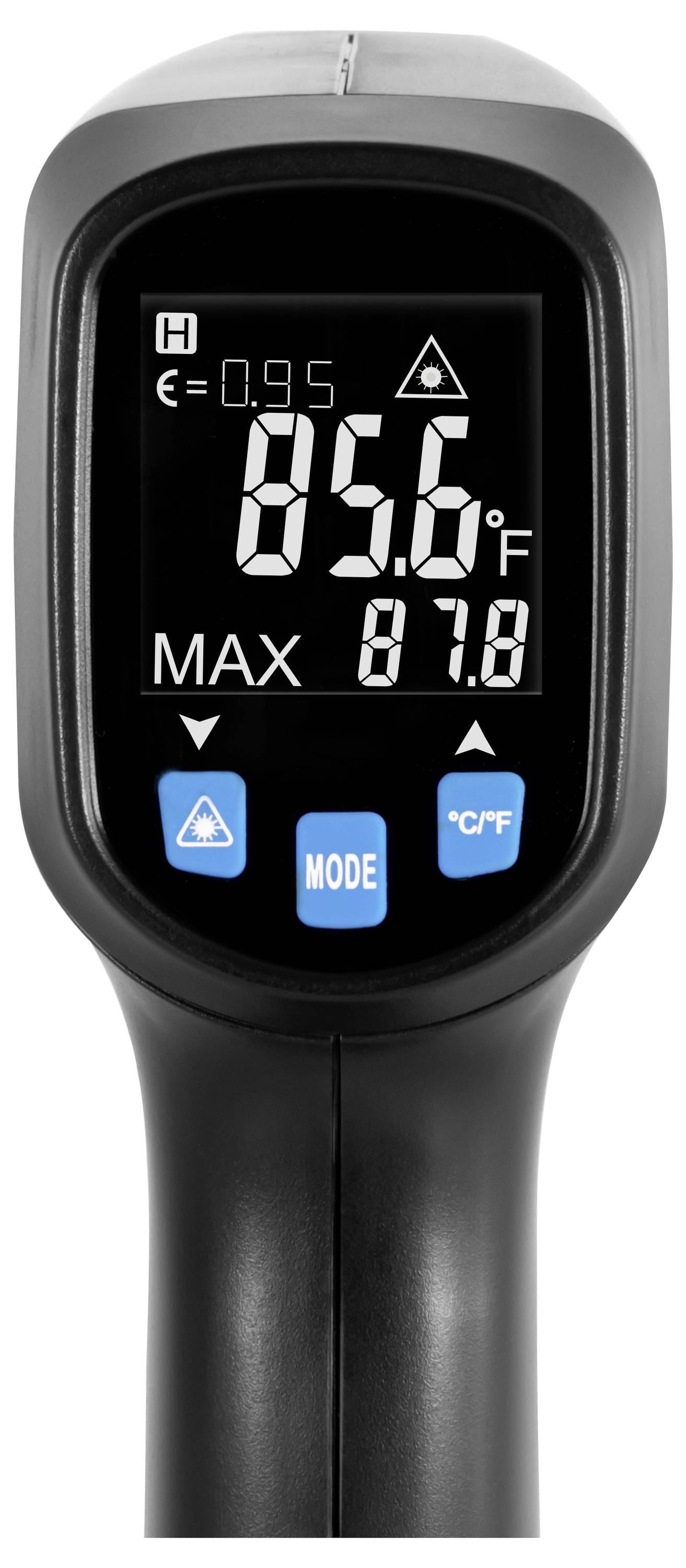 Tragbares Infrarot-Thermometer zeigt 85,6°F an, mit MAX 87,8 und Modusschaltflächen unterhalb des Displays.