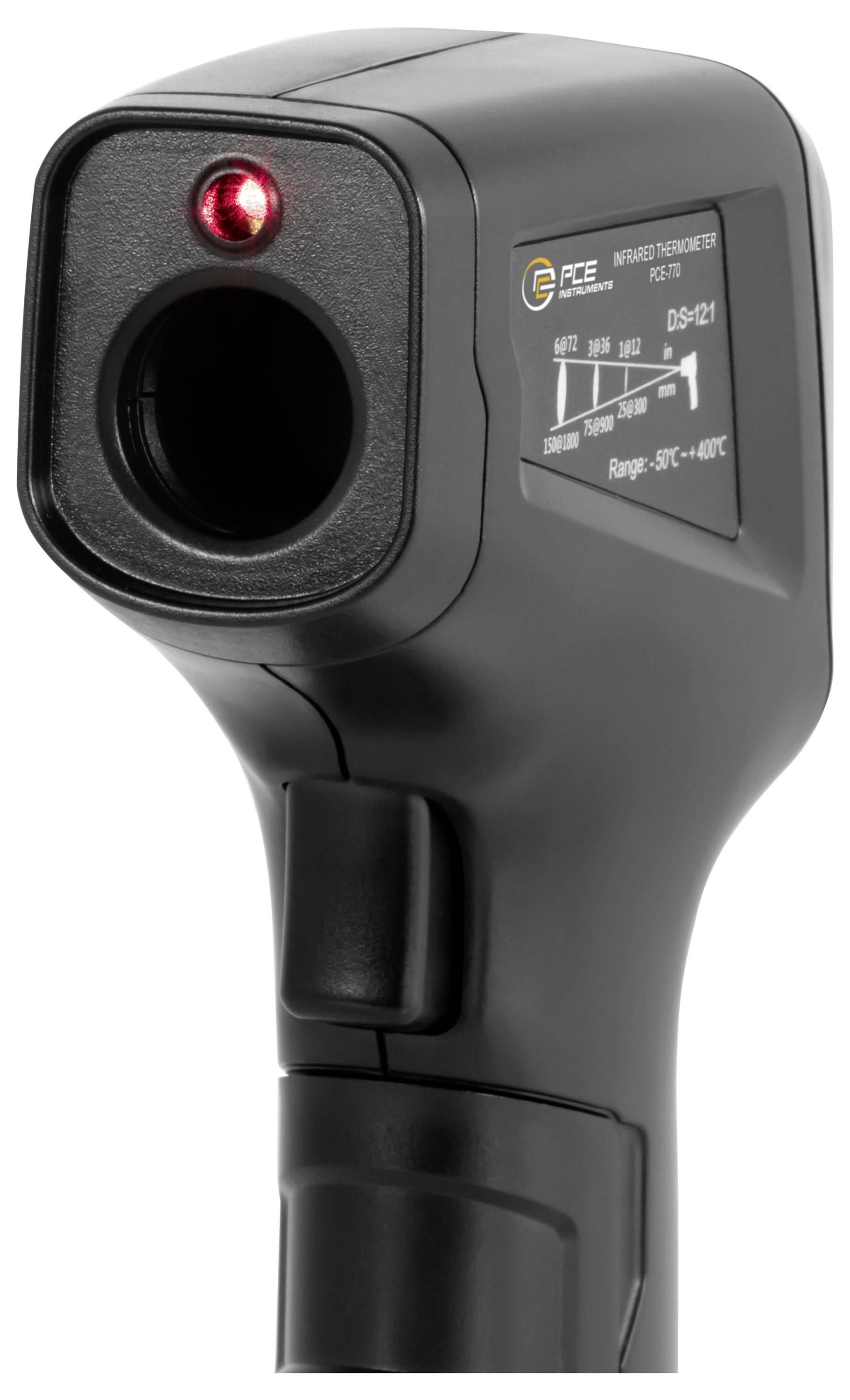Tragbares Infrarot-Thermometer-Mesgerät mit rotem Laserzielgerät und digitales Display an der Seite.