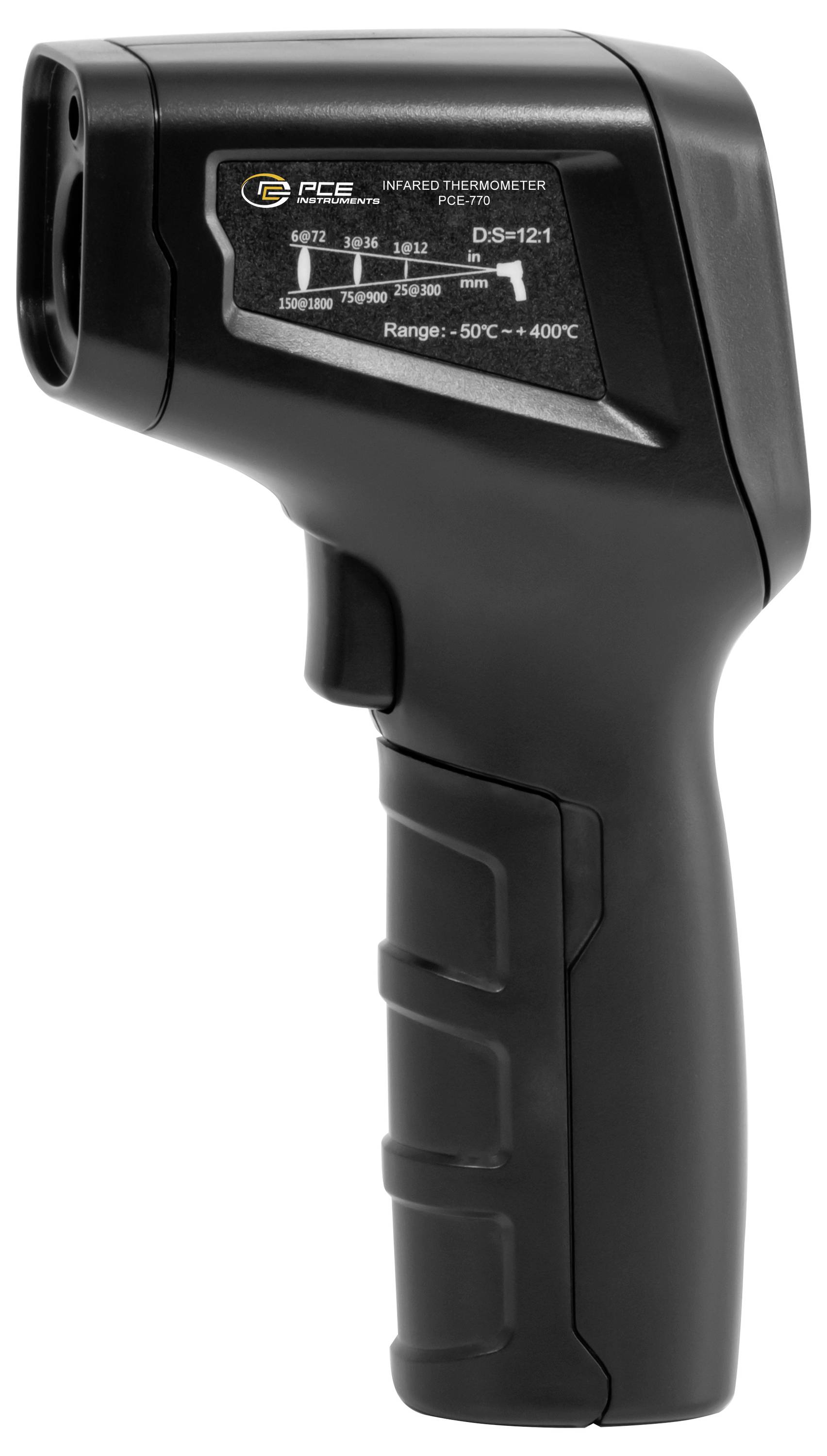 Schwarze tragbare Infrarot-Thermometerpistole mit Display, gekennzeichnet als „DS-12+1" und Bereich „-50°C ~ +400°C".