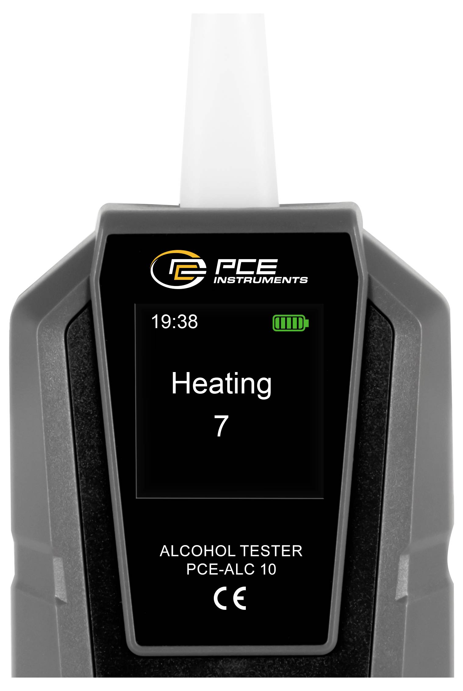 Alkoholtestgerät-Display zeigt "Heating 7" mit der Uhrzeit 19:38 und Batteriesymbol auf einem PCE-Instruments PCE-ALC 10-Gerät.