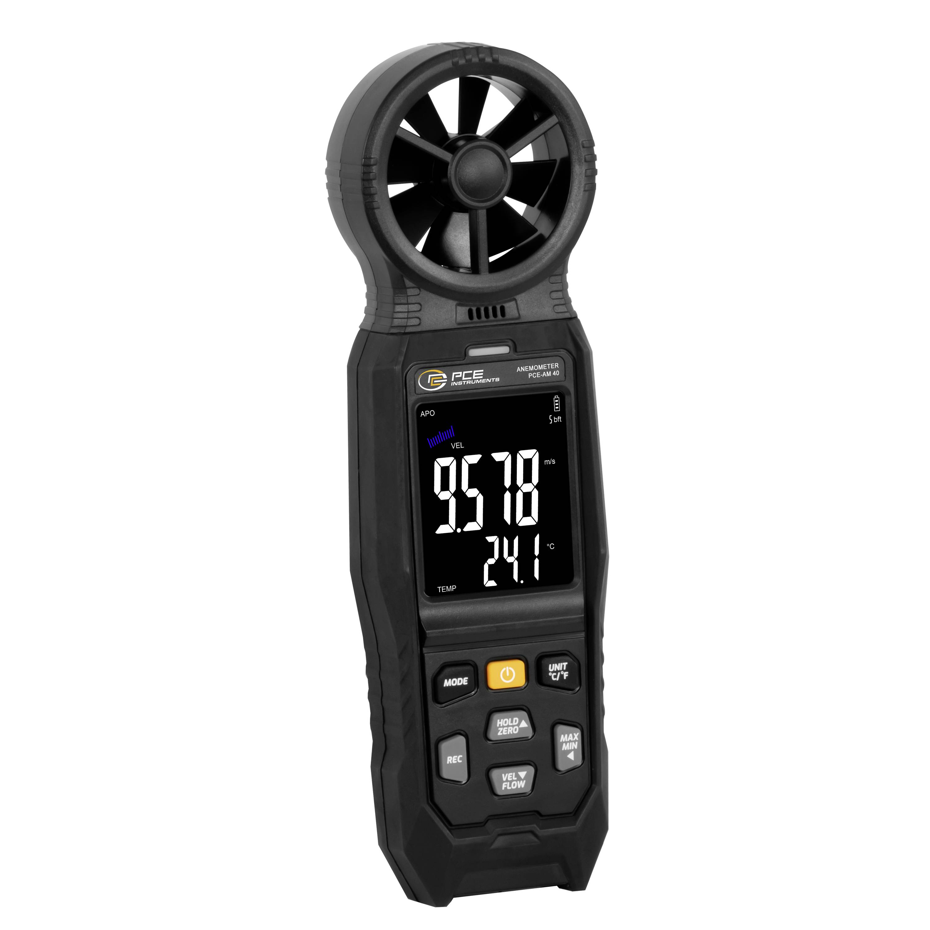 Tragbares digitales Anemometer zeigt Windgeschwindigkeit 9,578 und Temperatur 24,1°C auf seinem Display an.