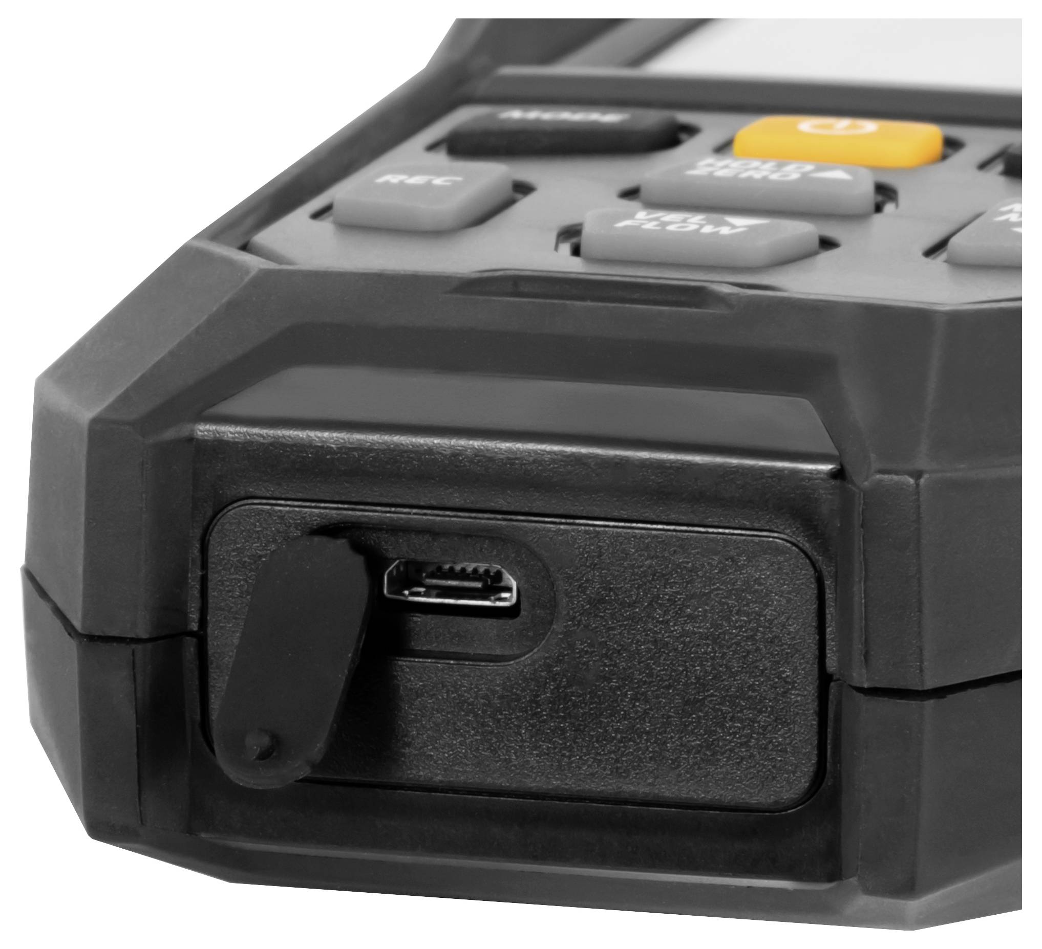 Nahaufnahme eines robusten tragbaren Geräts mit einem abgedeckten Micro-USB-Ladeanschluss und Seitentasten auf der oberen Blende.