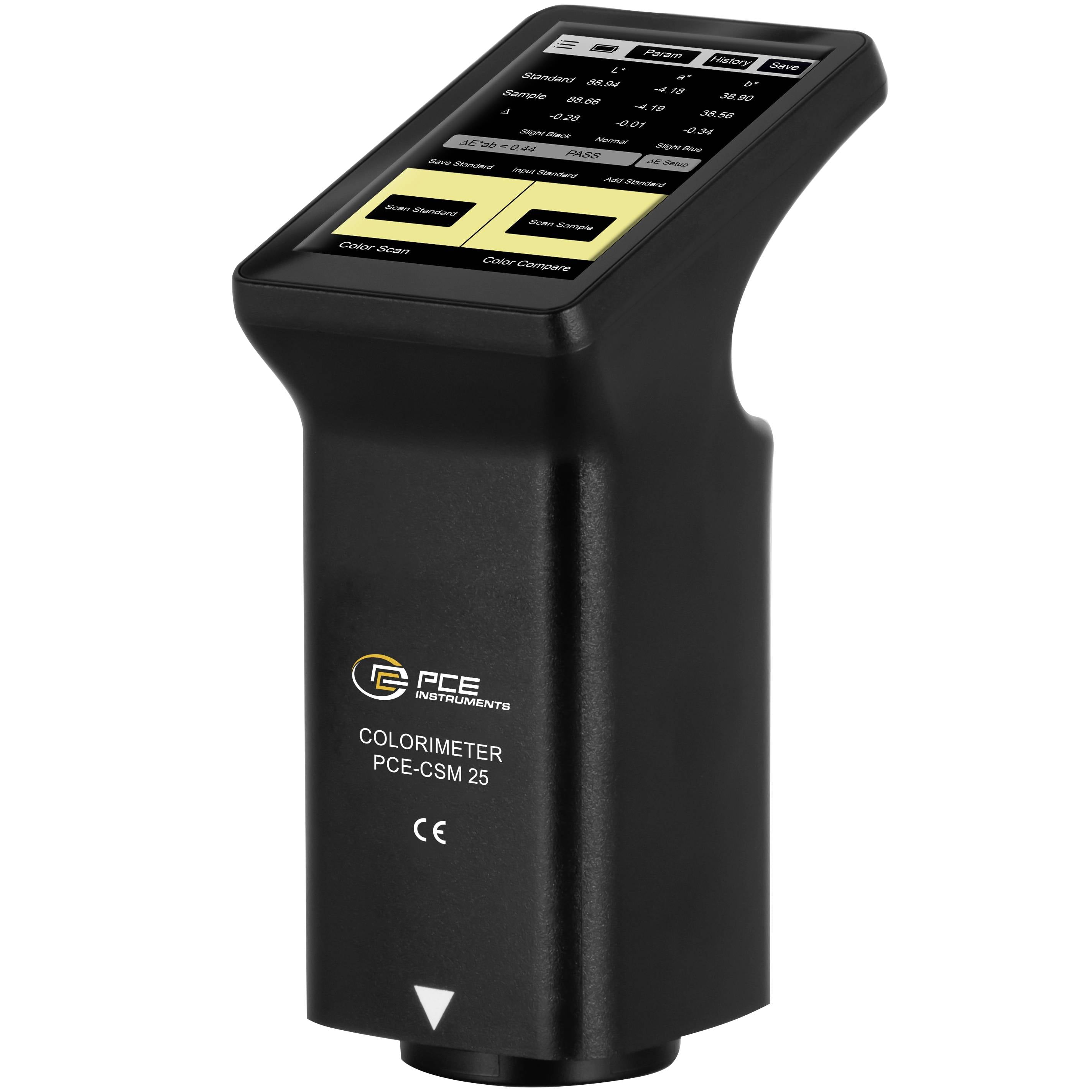 Schwarzes tragbares Kolorimeter-Gerät mit der Bezeichnung „PCE Instruments COLORIMETER PCE-CSM 25" mit geneigtem Kontrollbildschirm oben.