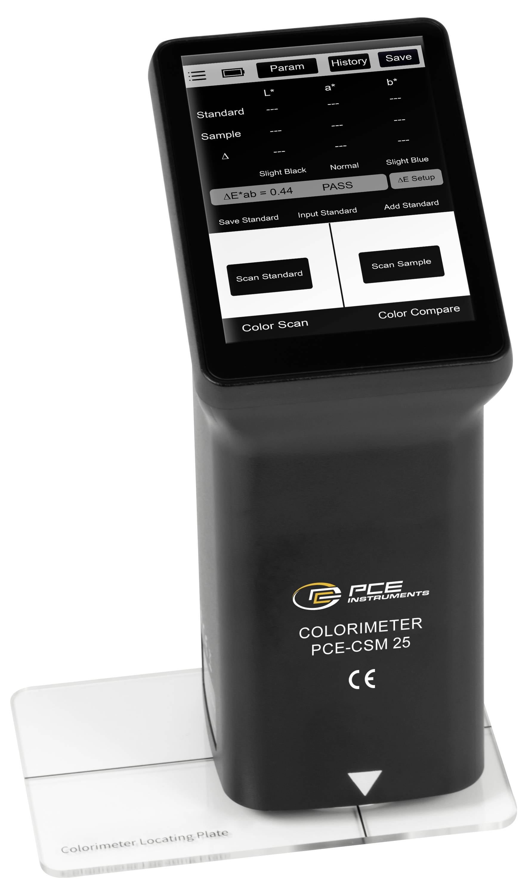 Tragbares PCE-Kolorimeter-Gerät auf einer Kalibrierungsbasis, mit Touchscreen mit Farbabtast- und Vergleichsoptionen.