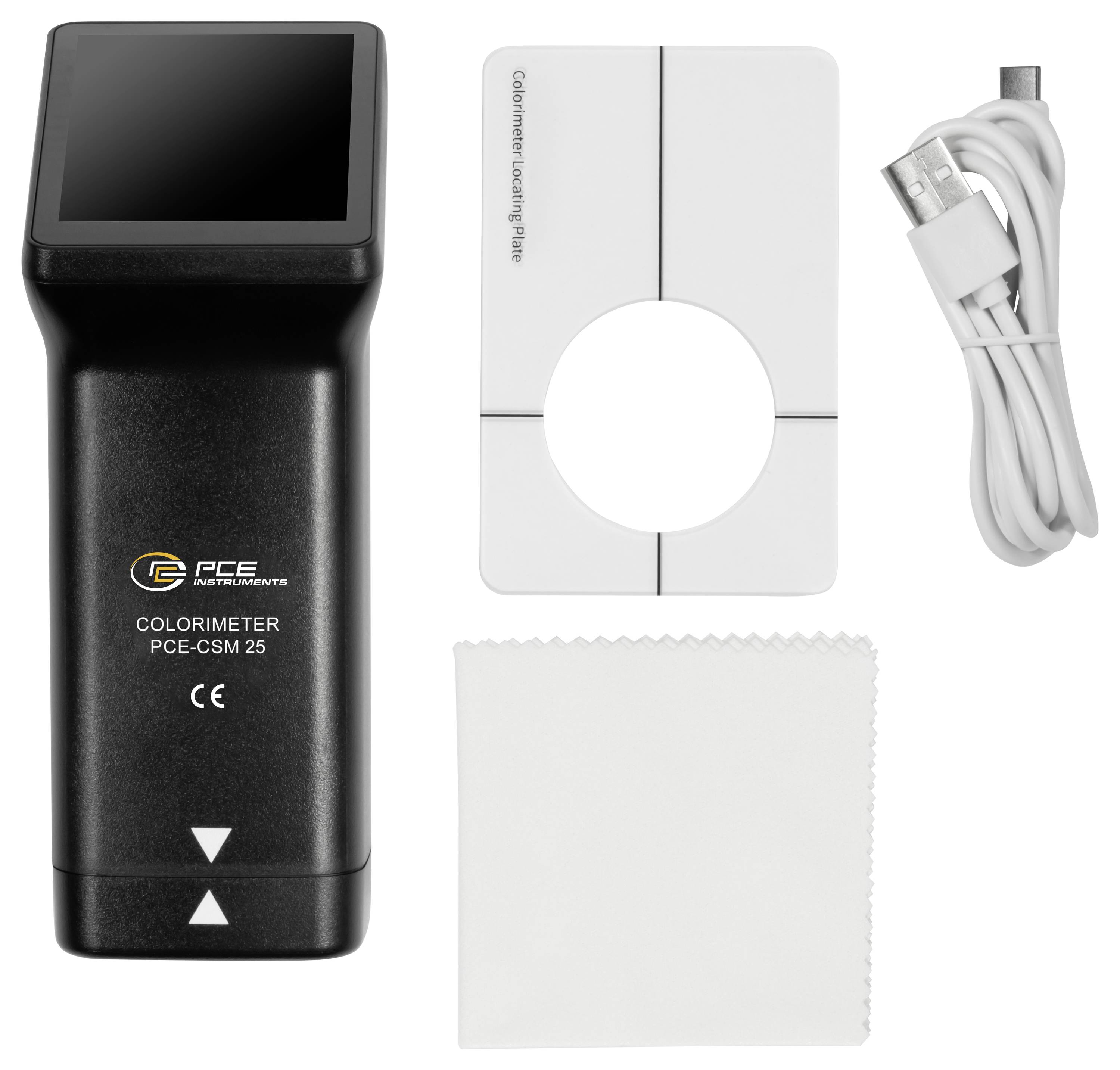 PCE-Kolorimeter mit Kalibrierplatte, USB-Kabel und Reinigungstuch im Lieferumfang enthalten
