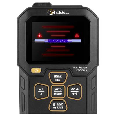 Vorderansicht eines PCE DM-8 Multimeters, das eine stromführende Leitung auf dem Display zeigt, mit roten Warnindikatoren, die auf eine Spannungserkennung oder Sicherheitsprüfung hindeuten.