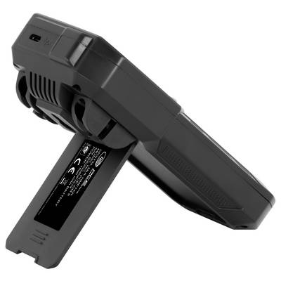 Schwarzes Batterie-Pack mit ausklappbarem Ständer, in der Seitenansicht auf weißem Hintergrund dargestellt.