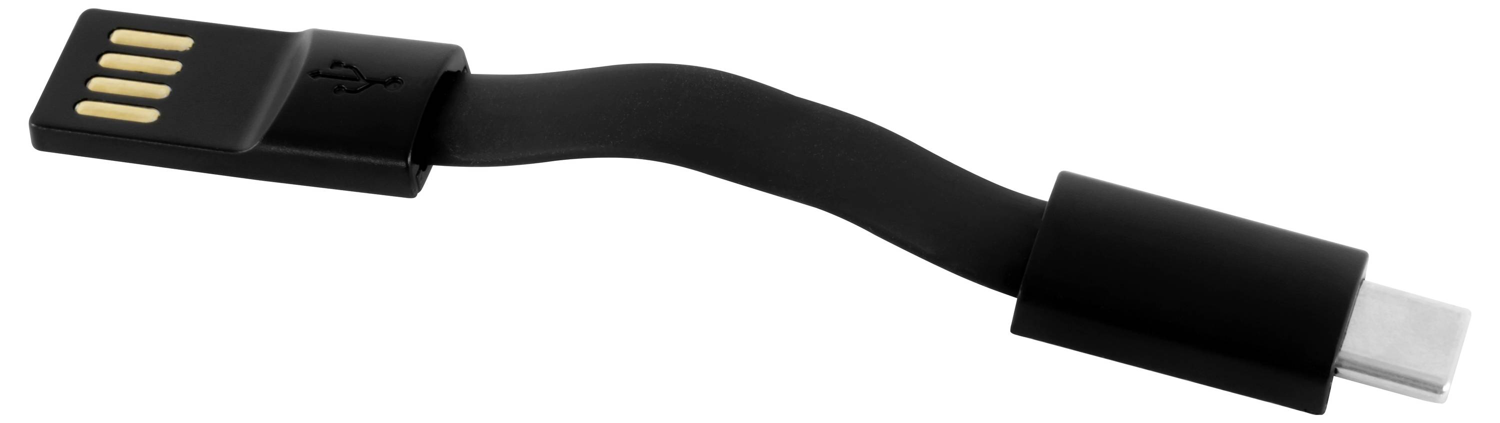 Schwarzes USB-C-Kabel mit flacher flexibler Mitte und USB-A-Anschluss an einem Ende, gezeigt auf weißem Hintergrund.