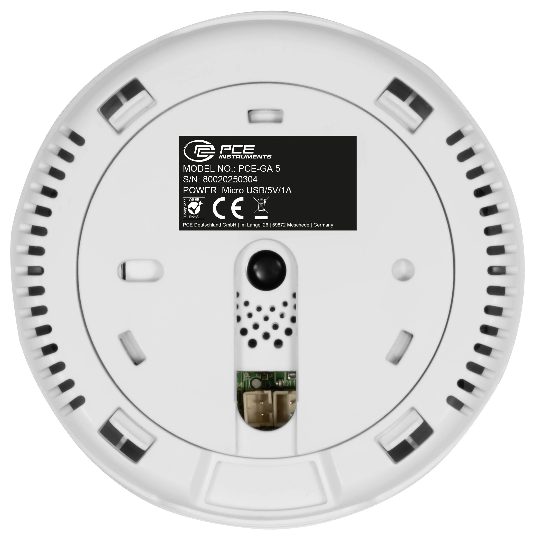 Rückansicht eines runden PCE Instruments-Geräts mit der Bezeichnung „MODEL NO.: PCE-GA 5" und „POWER: Micro USB/5V/1A", das Lüftungsschlitze und ein zentrales Sensormodul zeigt.