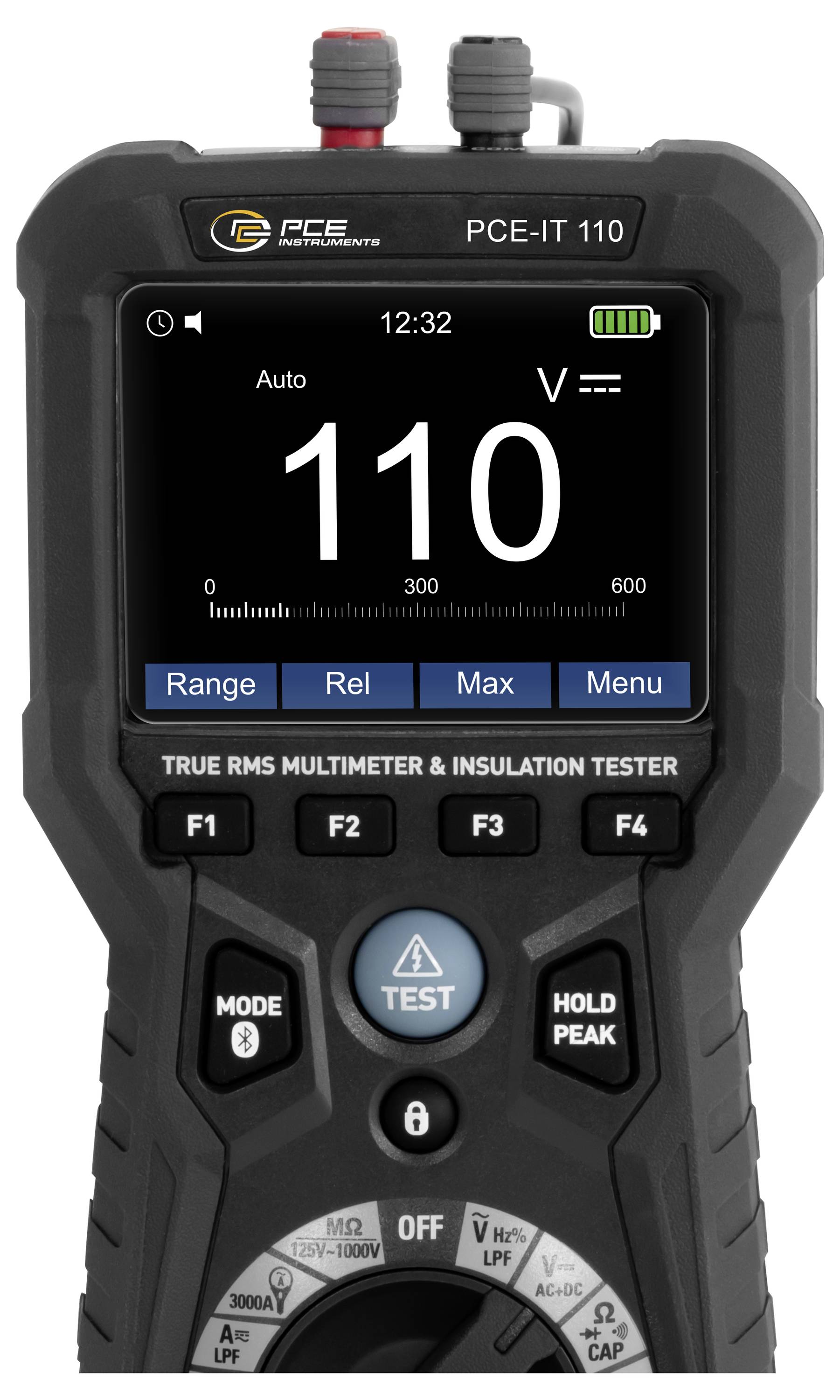 Tragbares Multimeter und Isolationsprüfer PCE-IT 110 mit echtem RMS-Wert, das eine Spannungsprüfung von 110 auf seinem digitalen Display anzeigt.
