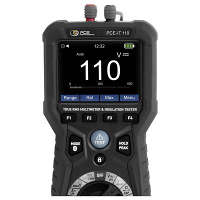 Tragbares Multimeter und Isolationsprüfer PCE-IT 110 mit echtem RMS-Wert, das eine Spannungsprüfung von 110 auf seinem digitalen Display anzeigt.