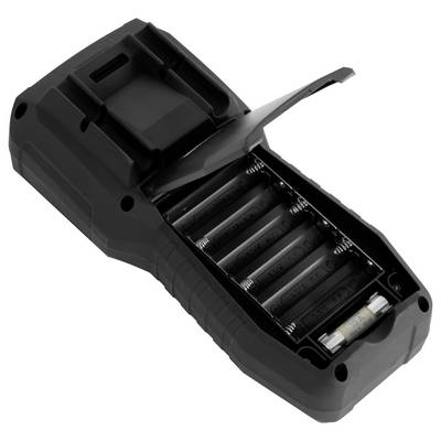 Offenes schwarzes elektronisches Gerät mit aufklappbarem Deckel, das vier AAA-Batterieschächte und eine eingebaute Batterie zeigt
