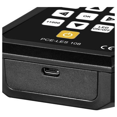 Nahaufnahme eines schwarzen PCE-LES 108-Geräts mit einem vorderen USB-C-Anschluss und oberen Steuertasten, einschließlich Ein-/Ausschalter, OK und LED-Ein-/Ausschalter.