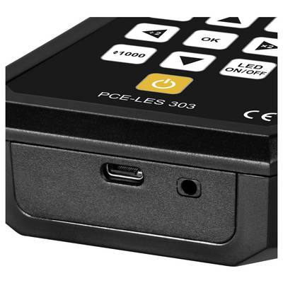 Nahaufnahme eines tragbaren PCE-LES 303-Geräts, das sein vorderes Bedienfeld, die Ein-/Ausschalttaste, den USB-C-Anschluss und die Audiobuchse zeigt.