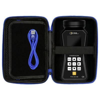 Tragbares Stroboskop-Set in einem Reißverschlusskoffer mit blauem USB-Kabel und tragbarem PCE-LCS 306 Gerät mit Tastatur und Bildschirm.