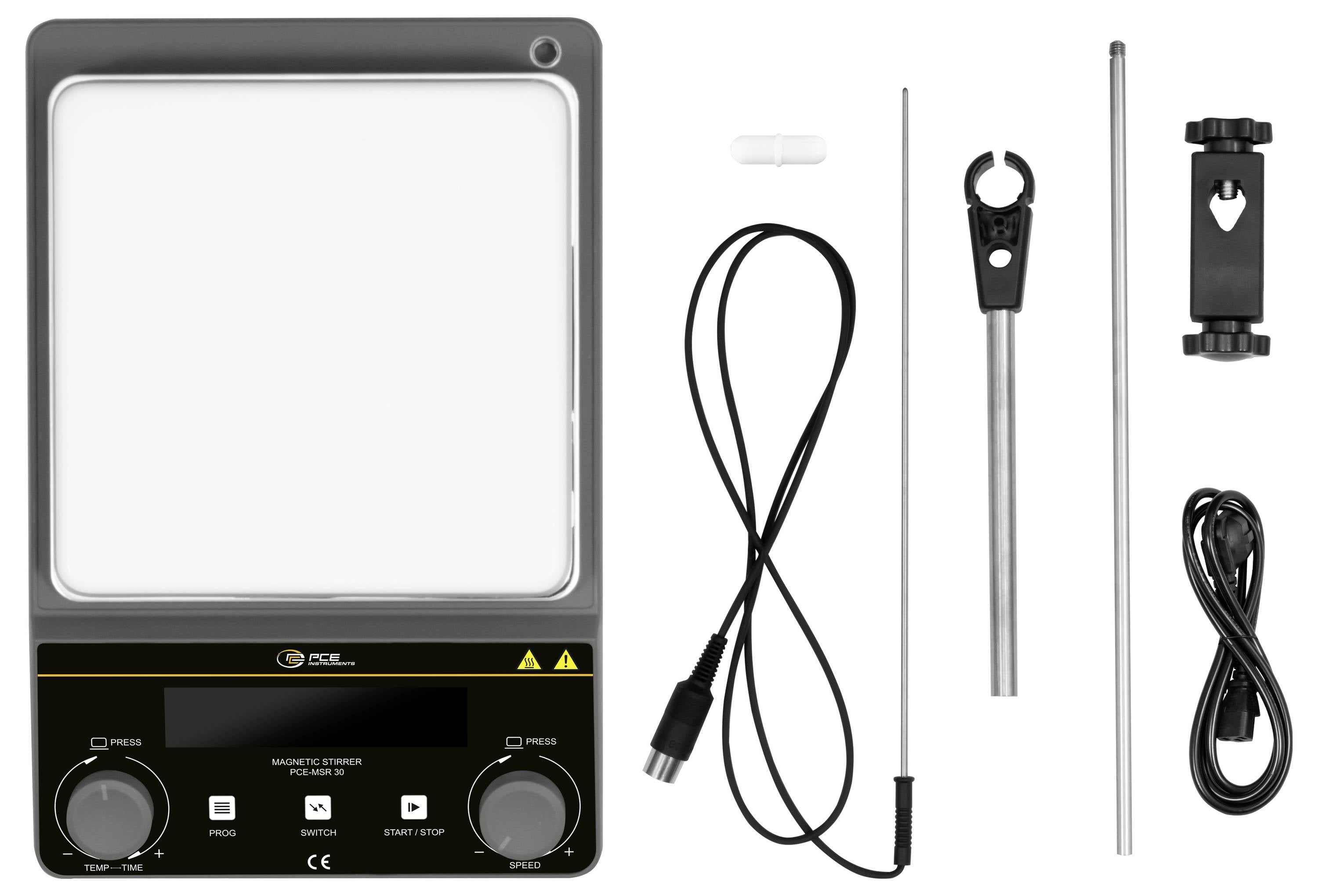 Elektroheiz-Rührwerk-Set mit Steuereinheit, Stromkabel, Stativstange, Klemme und Sonde auf weißem Hintergrund dargestellt.