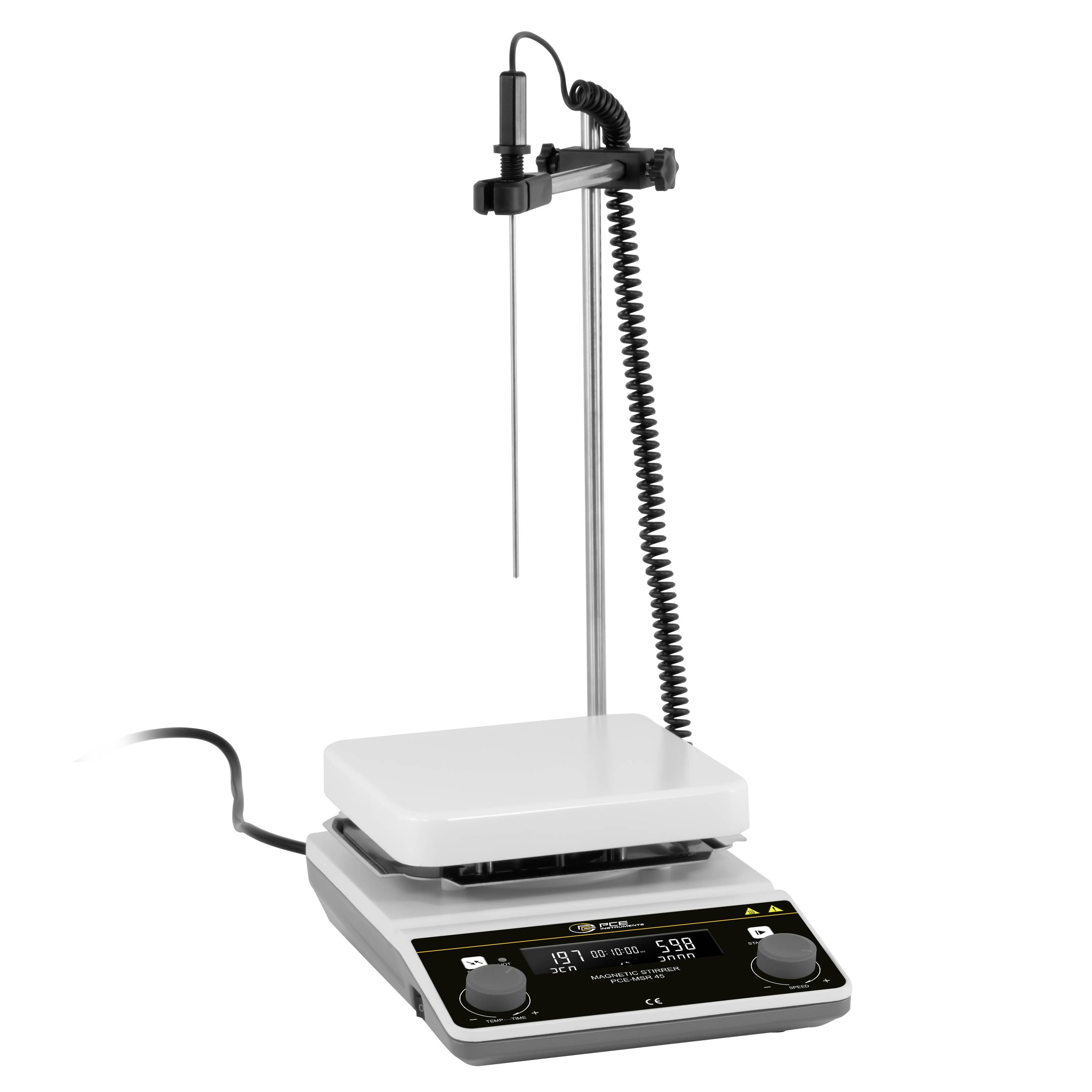 Laborgefriertisch mit magnetischem Rührer und digitaler Kontrolltafel sowie vertikalem Messfühlerständer, dargestellt auf weißem Hintergrund.