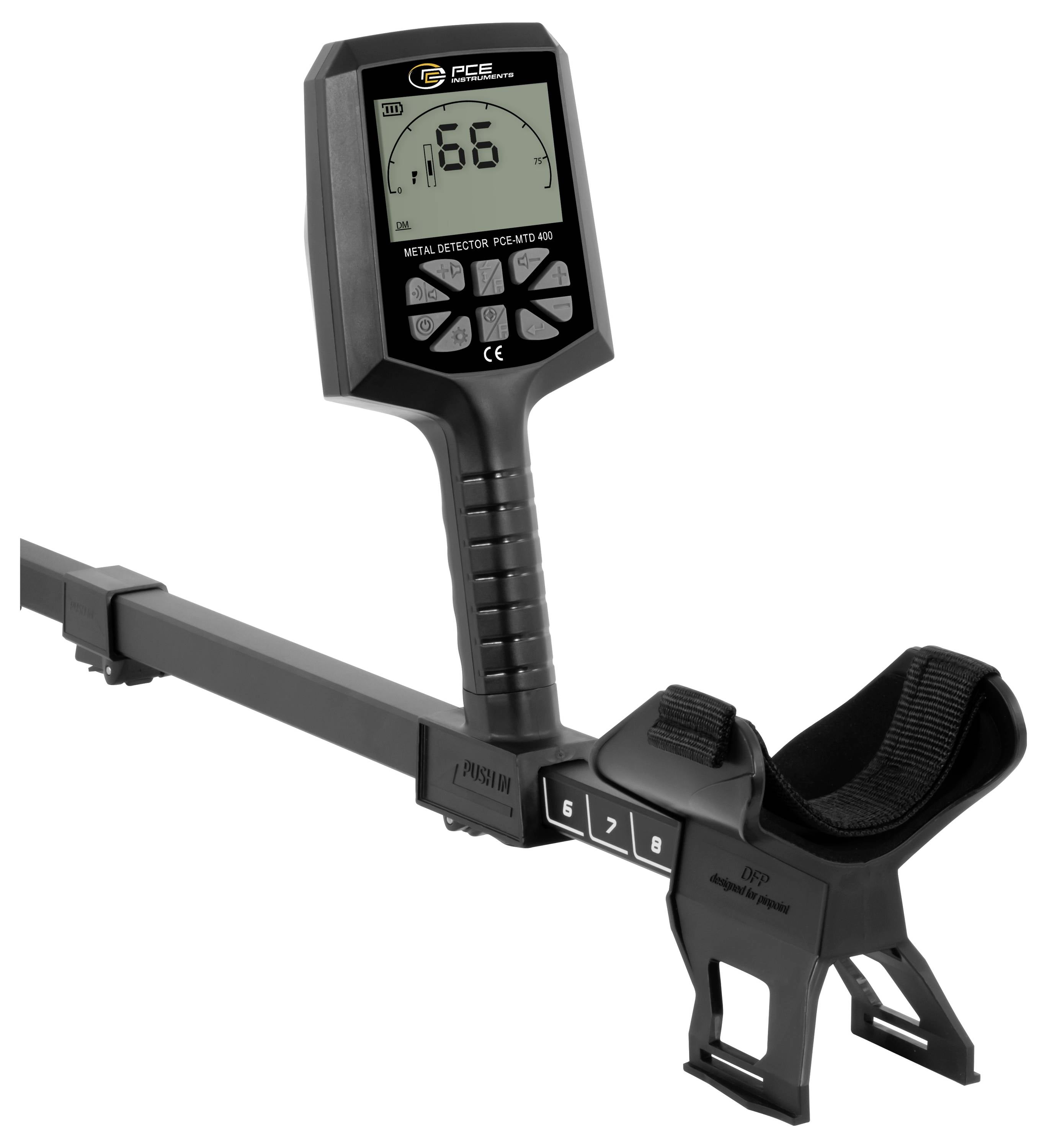 Tragbarer Metalldetektor mit LCD-Display, das 166 anzeigt, und verstellbarem Armrückenstützgriff zum Auffinden von vergrabenen Metallobjekten.