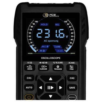 Tragbares digitales Oszilloskop zeigt 231,6 V AC-Spannung auf dem Bildschirm mit Kanal-, Trigger-, Speicher- und Menüreglern darunter.