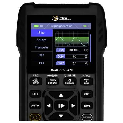 Tragbares PCE-Messinstrument Signalgenerator/Oszilloskop, das eine Sinuswelle anzeigt, mit Einstellungen für Frequenz, Tastverhältnis und Amplitude sowie Steuertasten darunter.