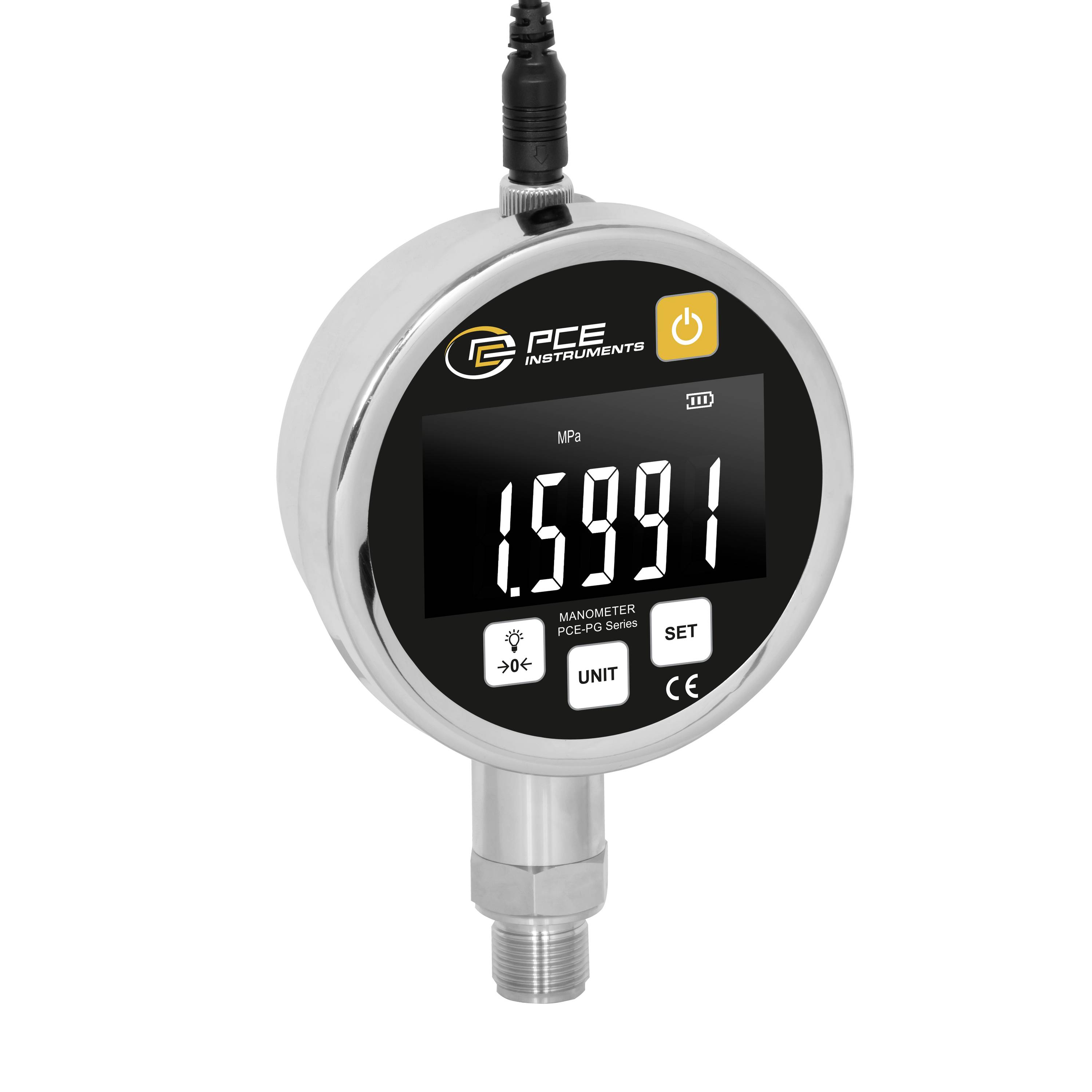 Digitales Druckmessgerät mit kreisförmiger Anzeige, die 1.5991 MPa anzeigt, Stromschalter und Gewindeverbinder aus Metall.