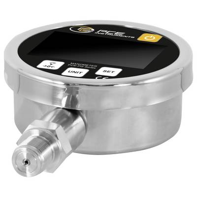 Digitales Manometer aus Edelstahl mit schwarzem Display und Tastensteuerung, schräg auf weißem Hintergrund abgebildet.
