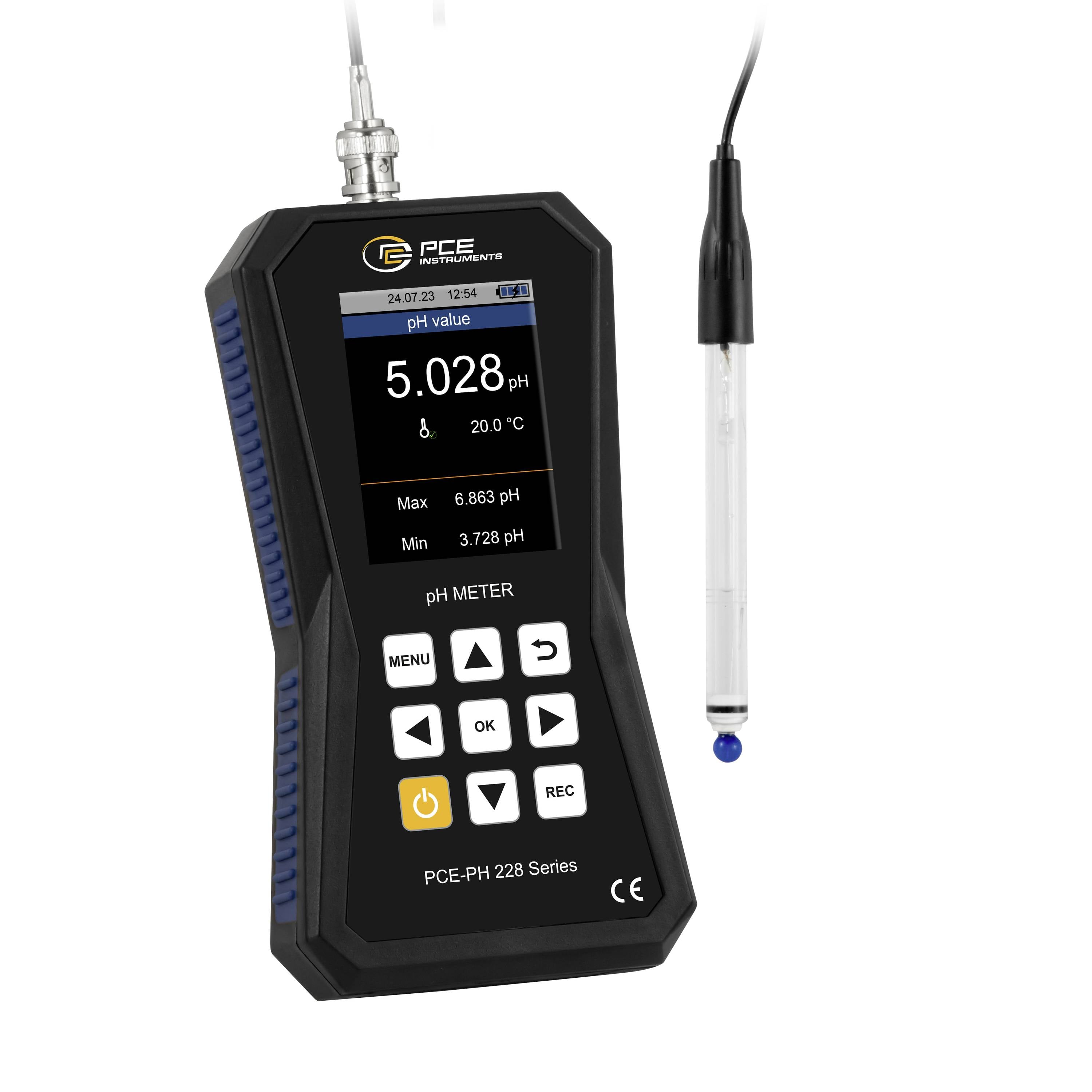 Tragbares pH-Messgerät mit angeschlossener Sonde, das einen gemessenen pH-Wert von 5,028 und eine Temperatur von 20,0°C auf dem Display anzeigt.