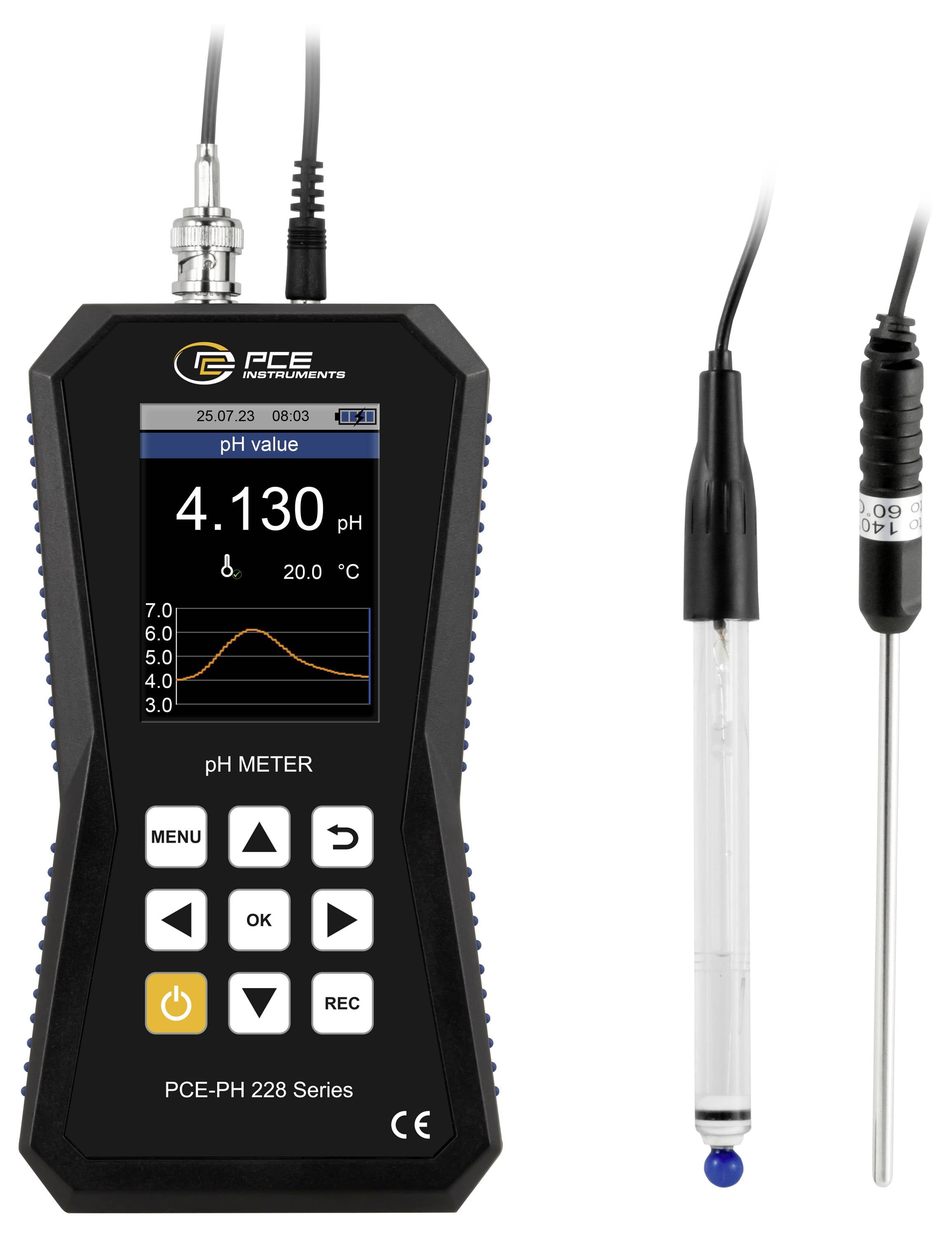 PCE Handmessgerät zur pH-Wertmessung mit einer pH-Anzeige von 4,130, angeschlossener Sonde und Elektrode, vor weißem Hintergrund dargestellt.