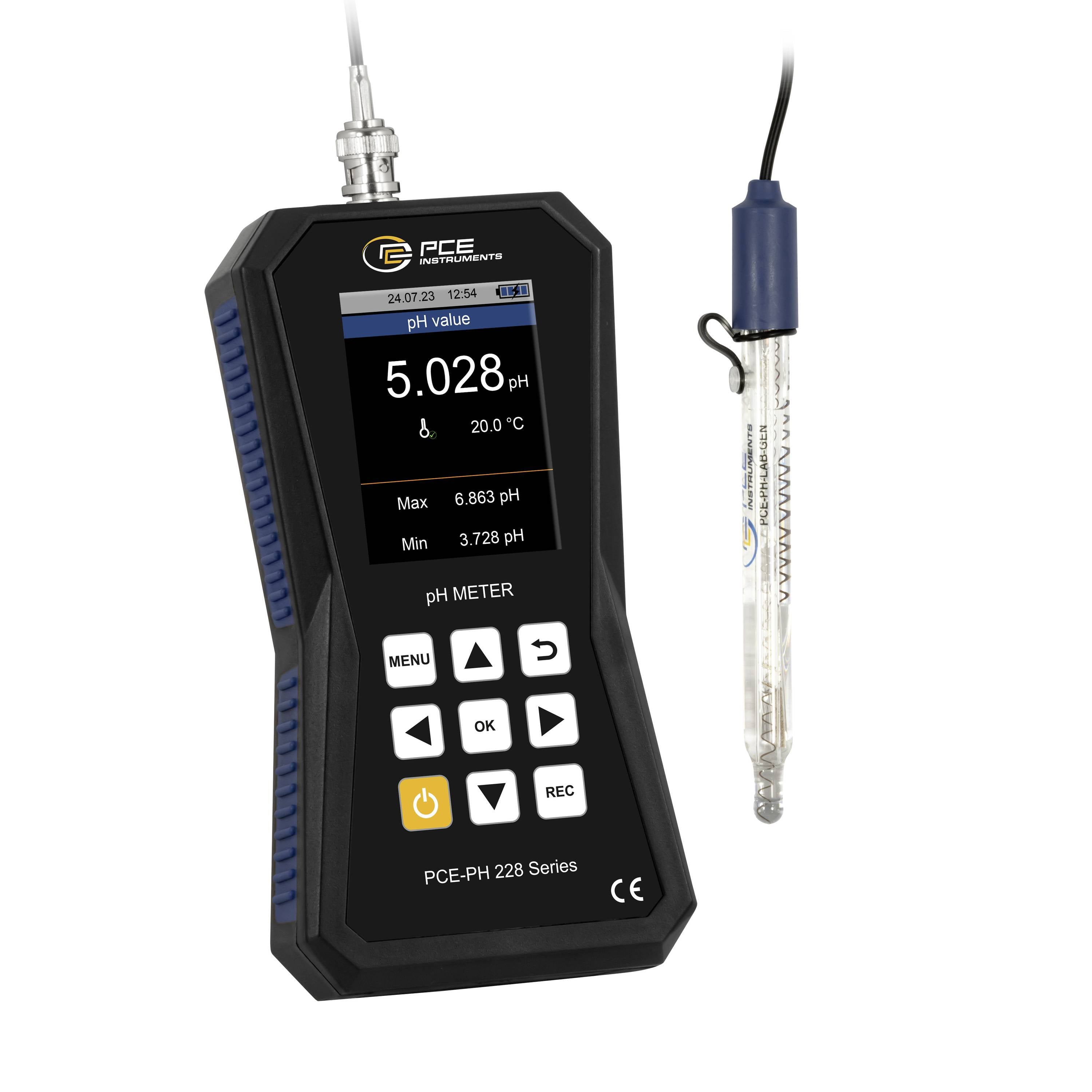 Tragbares PCE-pH-Messgerät mit Sonde, das auf dem Display pH 5.028 und 20,0°C anzeigt.