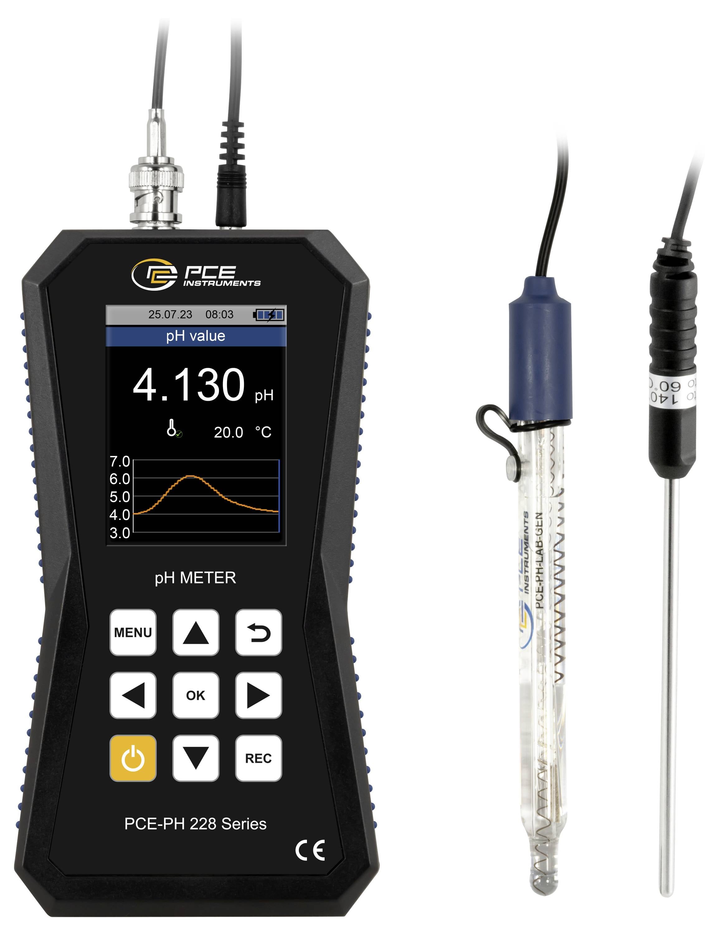 Tragbares pH-Messgerät mit Displayanzeige von 4,130 pH mit angeschlossener Sonde und Elektrode, verwendet zur Messung der Flüssigkeitssäure.