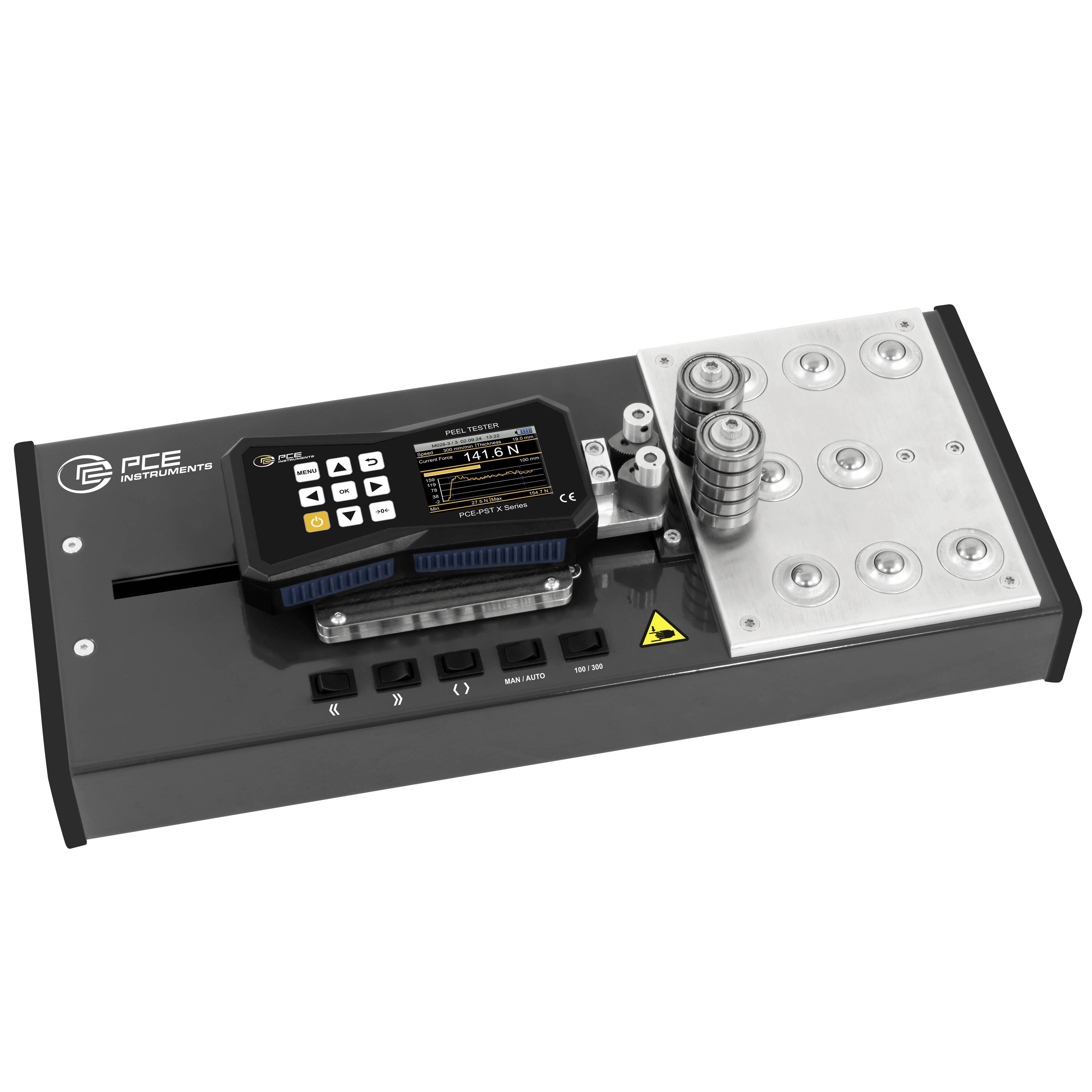 Digitales Materialprüfgerät mit Display, Tastatur, Rollen und Metallprüfplatte auf schwarzer Basis.