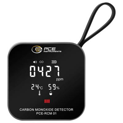 Tragbarer PCE-Kohlenmonoxid-Detektor mit digitaler Anzeige von 427 ppm, 24°C und 59% Luftfeuchtigkeit, mit Handgelenkband.