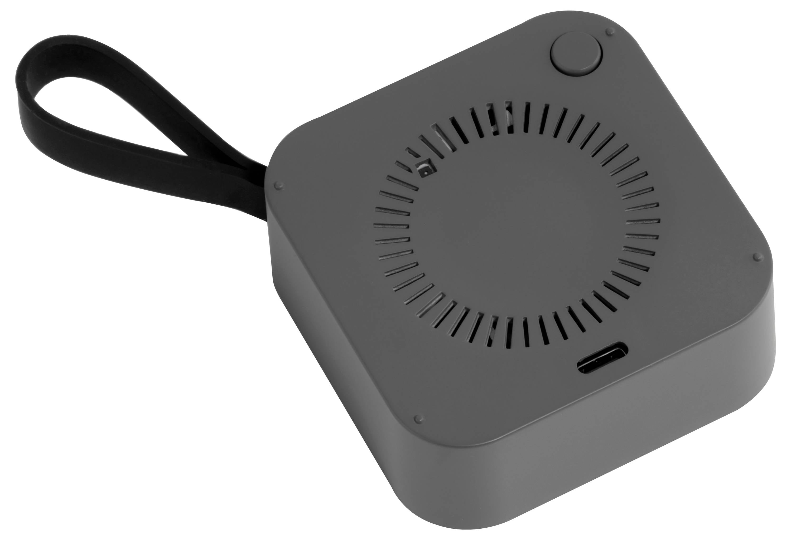 Kleine schwarze tragbare elektronische Vorrichtung mit Handgelenkstriemen, kreisförmigem Lüftungsmuster, Stromschalter und USB-C-Ladeanschluss.