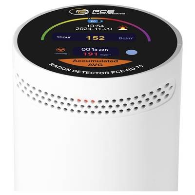 Weißes PCE Instruments Radonmessgerät mit digitalem Display, das ein 1-Stunden-Radonlevel von 152 Bq/m³, einen Spitzenwert von 191 Bq/m³ und den Status „Accumulated AVG" anzeigt.