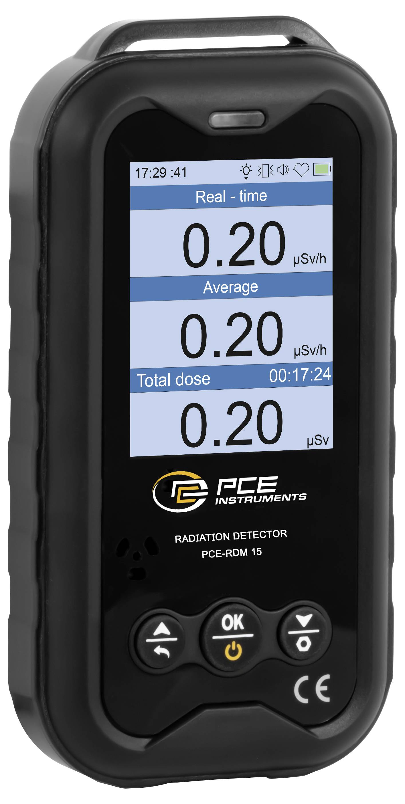 Tragbares Strahlungsmessgerät mit Echtzeit-, Durchschnitts- und Gesamtdosisanzeige von 0,20 µSv/h und 0,20 µSv mit "PCE"-Branding.