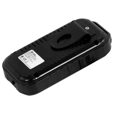 Schwarze tragbare Batteriebank mit integriertem Tragegriff und Etikett, gezeigt in einer produktstilisierten Ansicht auf weißem Hintergrund.