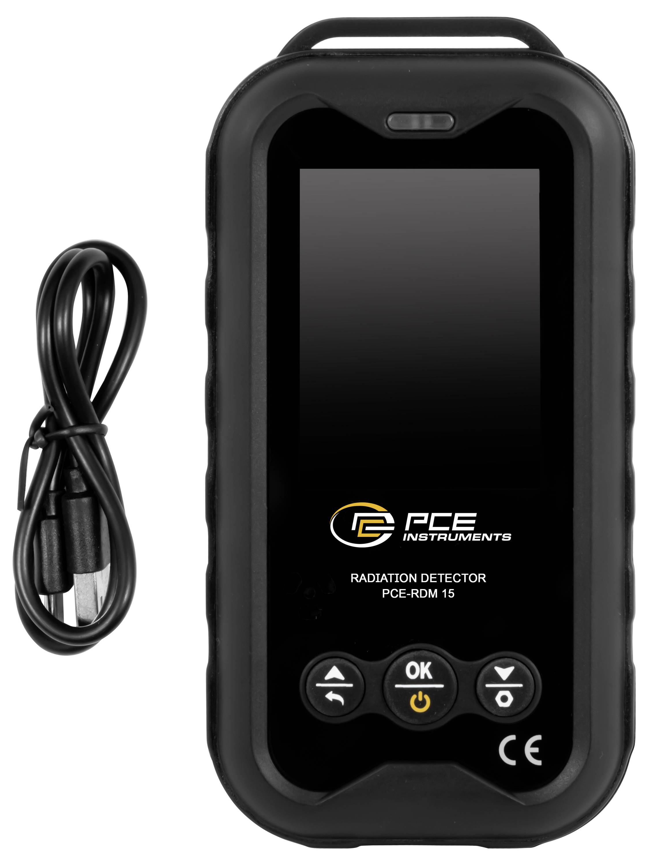 Tragbares Strahlenmessgerät PCE Instruments mit angeschlossenem USB-Kabel und frontseitiger Anzeige, beschriftet mit „Radiation Detector PCE-RDM 15".