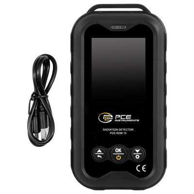 Tragbares Strahlenmessgerät PCE Instruments mit angeschlossenem USB-Kabel und frontseitiger Anzeige, beschriftet mit „Radiation Detector PCE-RDM 15".