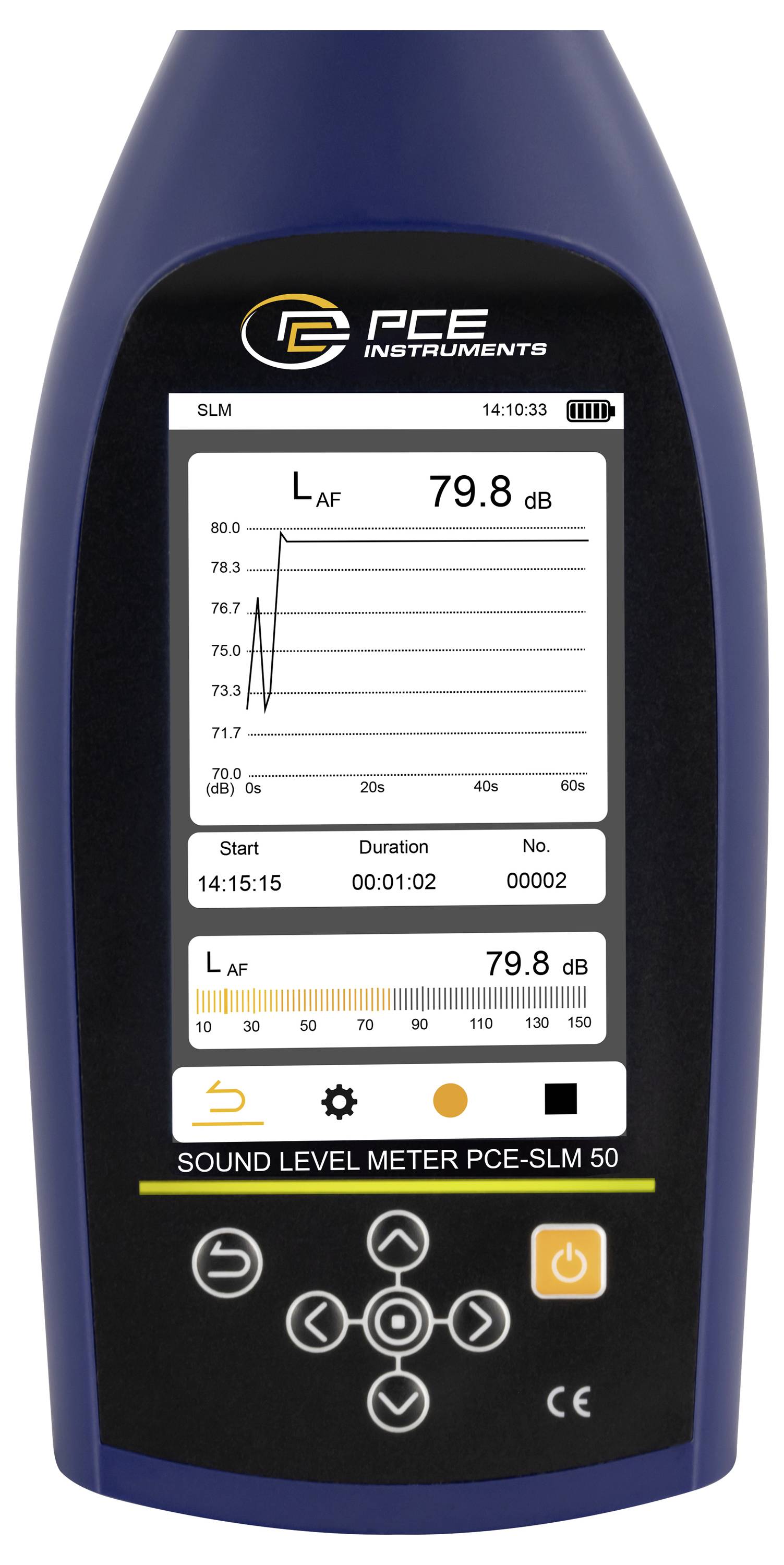 Tragbares PCE-Schallpegelmessgerät mit einer LAF-Anzeige von 79,8 dB auf seinem Display.