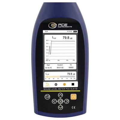 Tragbares PCE-Schallpegelmessgerät mit einer LAF-Anzeige von 79,8 dB auf seinem Display.