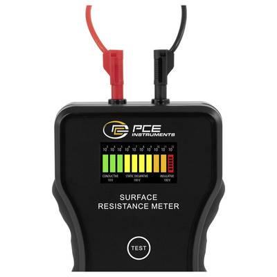 Tragbares PCE-Messinstrument zur Oberflächenwiderstandsmessung mit roten und schwarzen Prüfspitzen und farbcodiertem Anzeigedisplay für Leitfähigkeit/elektrostatische Ableitung/Isolationseigenschaften.