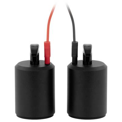 Zwei schwarze zylindrische elektrische Komponenten mit roten und schwarzen Drähten, die oben angeschlossen sind, nebeneinander auf weißem Hintergrund dargestellt.