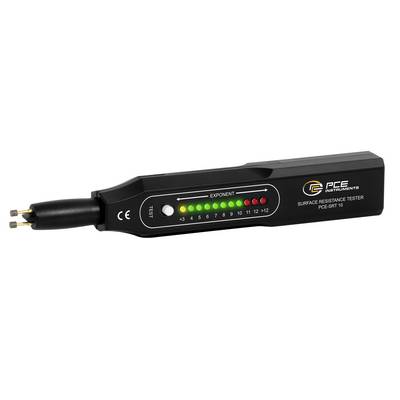 Tragbares PCE-Messinstrument zur Oberflächenwiderstandsprüfung mit Prüfspitzen und LED-Statusskala auf weißem Hintergrund.