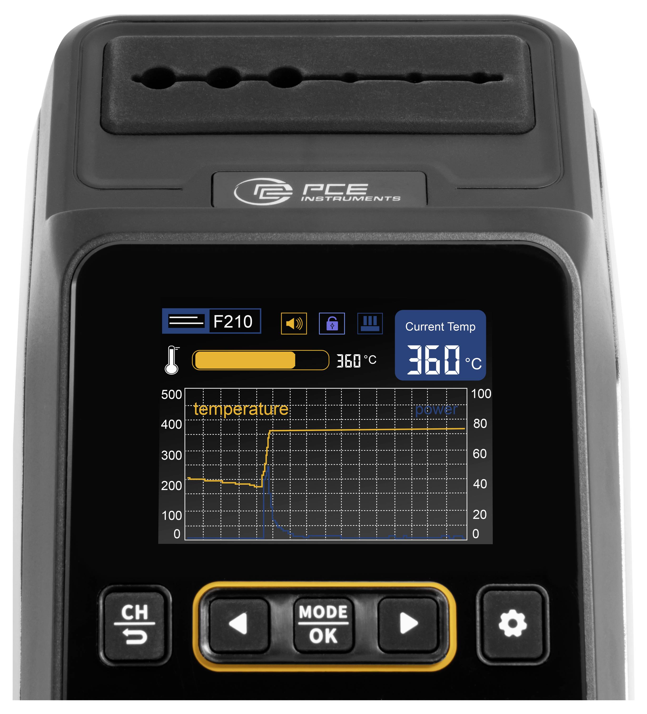 Tragbares PCE-Messinstrument Thermometer zeigt aktuelle Temperatur von 360°C und einen Temperaturtrend-Graphen auf seinem Display an.