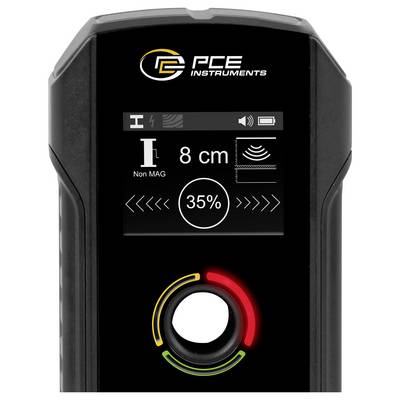 PCE Instruments tragbares Messgerät mit einer Magnetfeldablesung von 8 cm, mit 35% angezeigt und einer zentralen Regelskala mit farbigen Bögen.